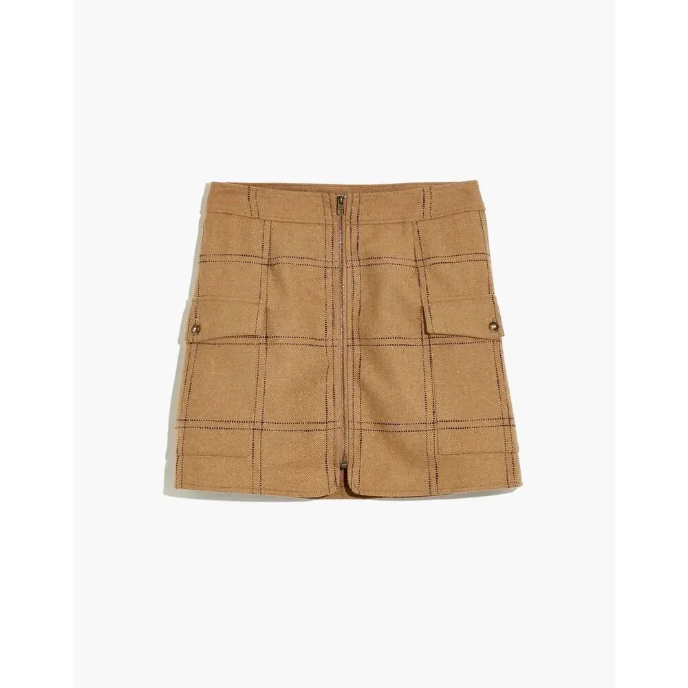 Madewell Zip-Front Mini Skirt in Windowpane Camel Wool Blend Women’s - Size 00